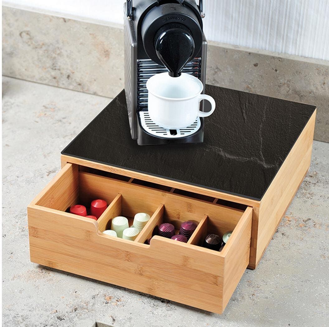 Teebox KESPER "Schubladenbox", braun (holzfarben, schwarz), B:30cm H:9,5cm L:31cm, Bambus, Glas, Lebensmittelaufbewahrungsbehälter, Teebox, für Kaffeekapseln oder Teebeutel holzfarben, schwarz B/H/L: 30cm x 9,5cm x 31cm