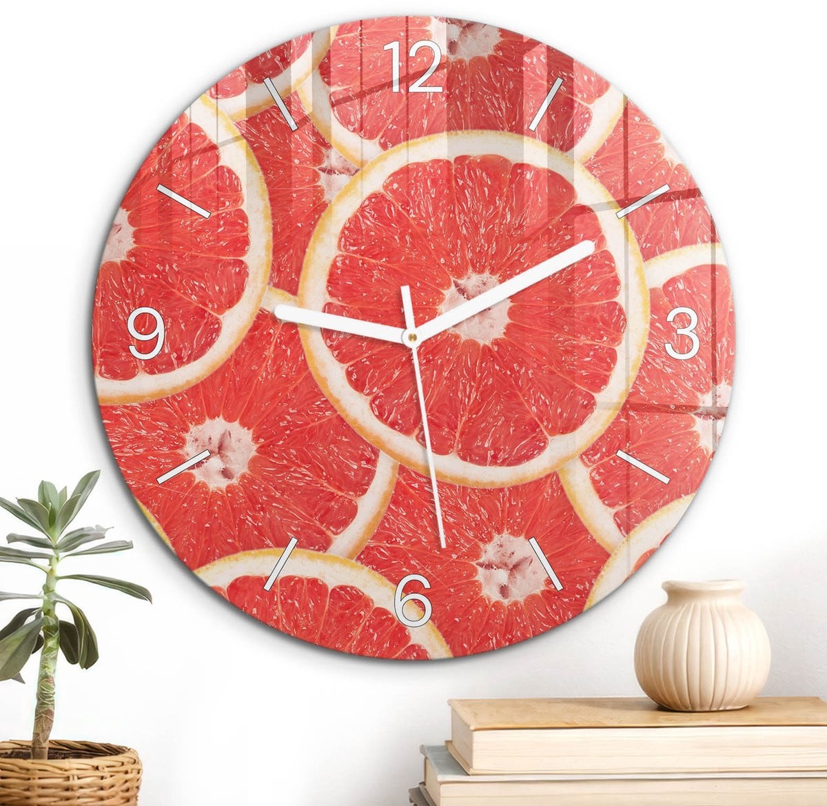 ArtPrintCave Rood Glazen Wandklok met Sinaasappelschijfjes - Rond - Diameter: 30 cm