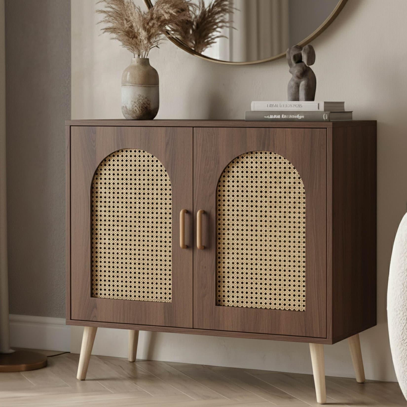 Kommode MCW-P51, Schrank mit Türen Anrichte Staufächer, Poly-Rattan MDF Melamin 79x80x40cm ~ braun
