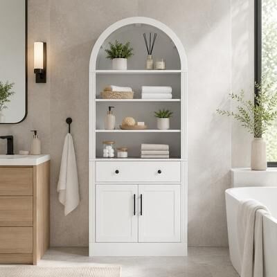 Fundinbaths Arched Bookcase with Storage Cabinet, Adjustable Shelves, Drawer and Doors, 70.9 Inch Tall