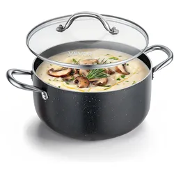 VEVOR Suppentopf aus Aluminiumlegierung 5,7 L Antihaftbeschichtet Kochtopf mit Glasdeckel, PFOA- und PFAS-frei, Kompatibel mit Gasherden Induktionsherden Elektroherden, Ideal für Suppen Eintöpfe Pasta