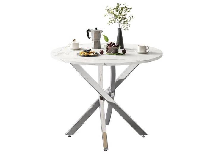 Table ronde 80x80x75 cm dessus effet marbre blanc pieds argent galvanisé table d'appoint et table basse design minimaliste moderne