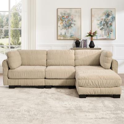 "GDFStudio - 109.4"" 3-Seater L-Shaped Chenille Modular Sofa with Ruched Detailing, Movable Ottoman & High-Density Foam"