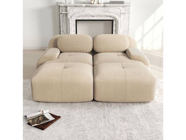 DRIPEX Canapé modulable en velours côtelé - 2 places - Canapé lit avec 2 oreillers et 2 poufs - 208x178x70cm -Beige