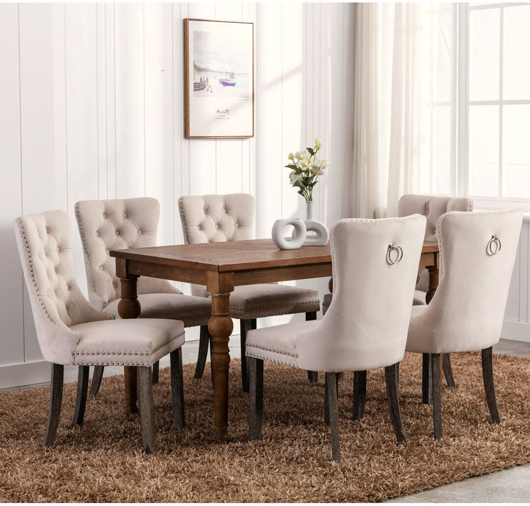 Mercer41 Delafield Lux Kitchen Dining Chairs Beige/Wood 95cm H X 50cm W X 62cm D