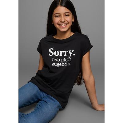 T-Shirt KIDSWORLD "Sorry. hab nicht zugehört.", Mädchen, Gr. 164/170, schwarz, Single Jersey, Obermaterial: 100% Baumwolle, bedruckt, Basic Po-bedeckend, Rundhals, Aufschlag, Shirts T-Shirt, Kurzarm, bedruckt, Rundhalsausschnitt, aus Baumwolle