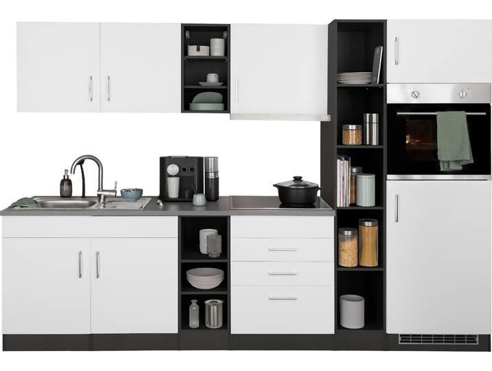 Küchenzeile, Weiß & Grafit, 280x60 cm, Mit E-Geräten & Induktionskochfeld, Modern