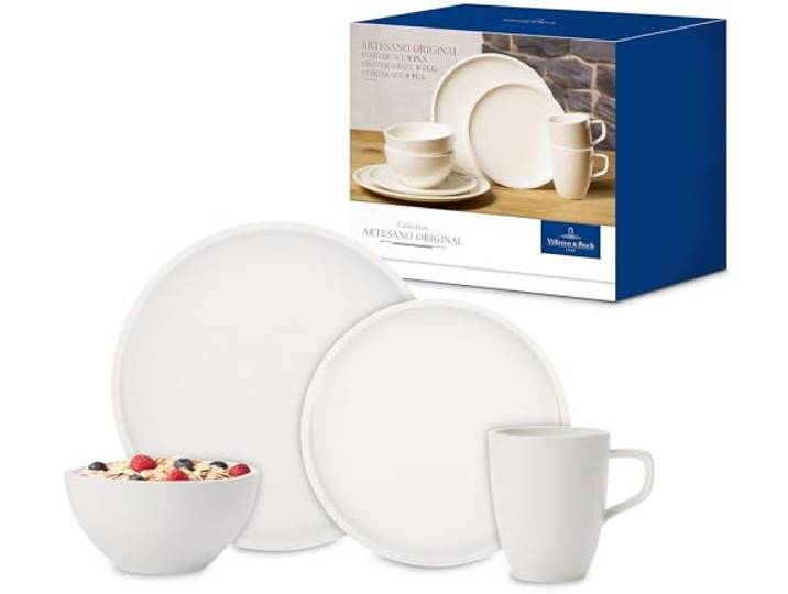 Villeroy & Boch – Artesano Starter-Set Set 8 teilig Weiß, Spülmaschinenfest, Mikrowellensicher, Geschirrset, Geschirr Set, Porzellan, Teller, Tafelservice, Service Modern, Premium Porzellan