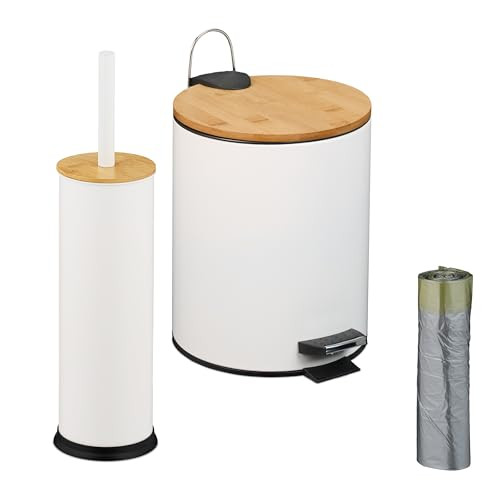 Relaxdays badkamer set met prullenbak en toiletborstel met houder, wit-natuur