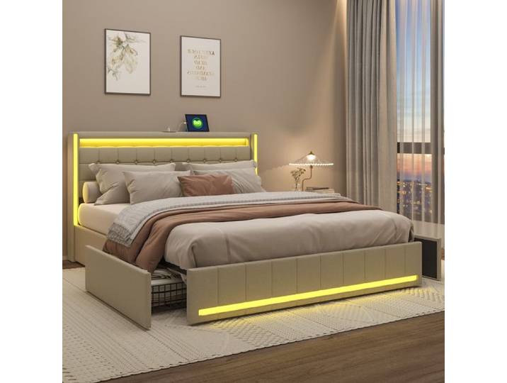 Lit coffre 180x200 - RWUDV - Lit 180x200 avec 4 tiroirs LED et USB - Lit double 180x200 cm - Lit 2 personnes - sommier - Lin beige