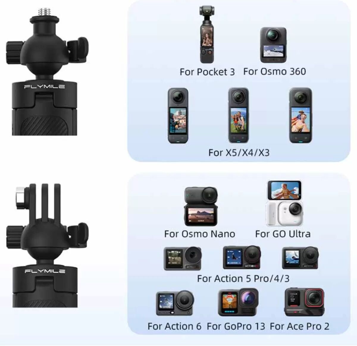 INF Erweiterbares Dual-Klauen-Kugelkopf-Stativ kompatibel mit DJI Pocket 3, Action 6, X5, X4 — 360° verstellbar, 4-Abschnitt
