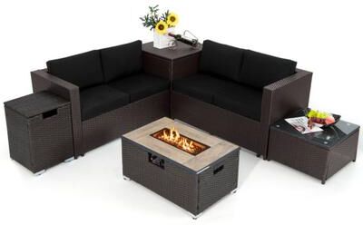 Costway 6 Pieces Outdoor Wicker Furniture Set with 32 Inch Propane Fire Pit Table-Black