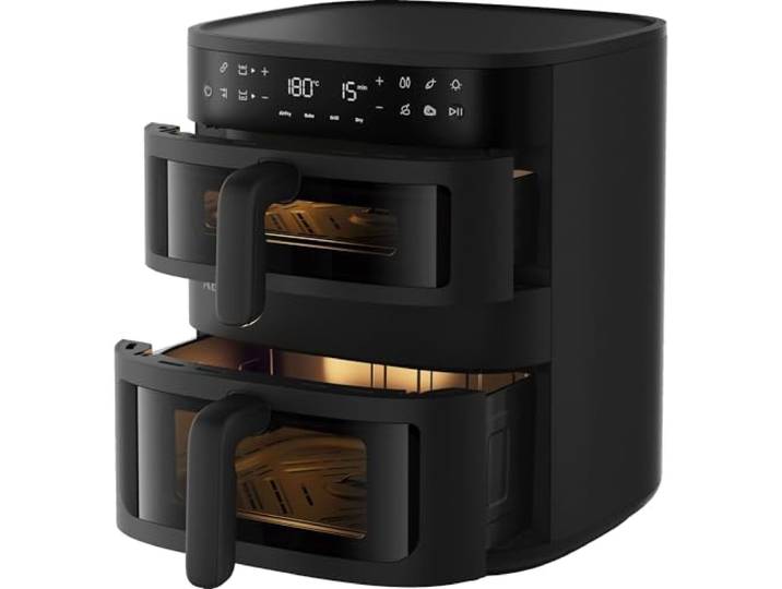 AEG Doppelkorb‑Heißluftfritteuse 11 L, 2 Fächer für Paralleles Frittieren Backen Grillen Dörren, Sichtfenster & Innenbeleuchtung, 8 Automatikprogramme, Spülmaschinenfest, Touch‑LED‑Display, AAFD11B