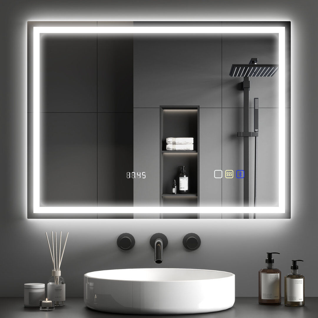 Metro HOMCOM Bathroom Mirror with Bluetooth Clock Lights Demister Pad 60 cm H x 80 cm W