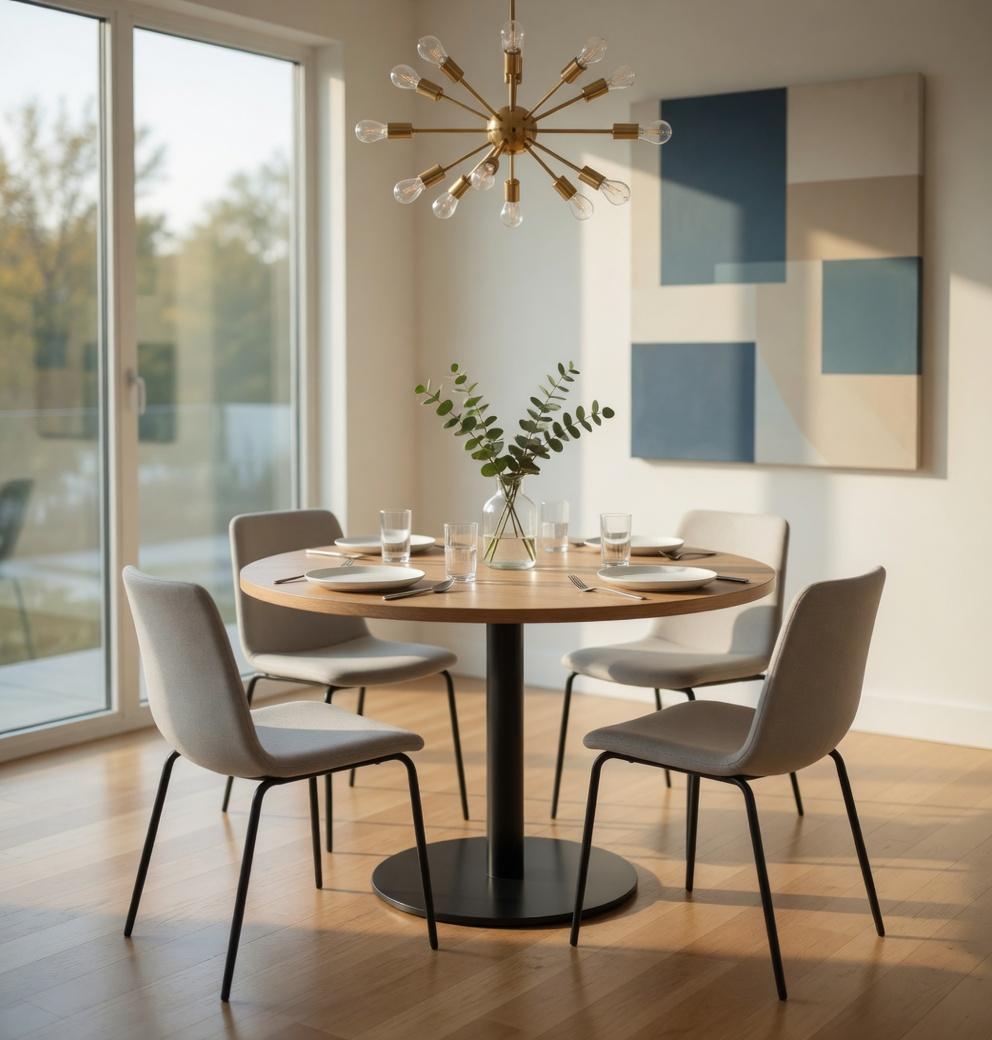 Runder Tisch aus Holz Optik Hell Anthrazit Metallgestell Modern