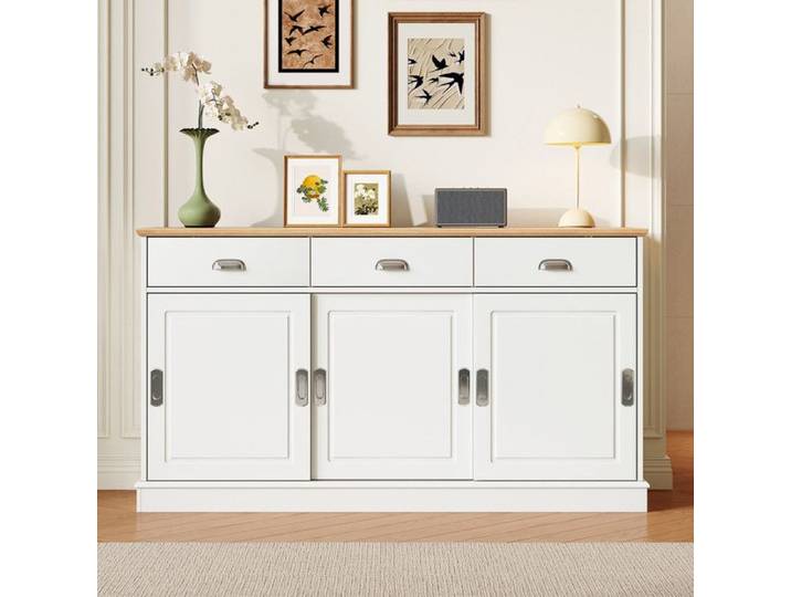 Buffet de Rangement avec 3 Tiroirs et 3 Portes Coulissantes Bahut moderne Buffet de salon Meuble de rangement Structure en MDF