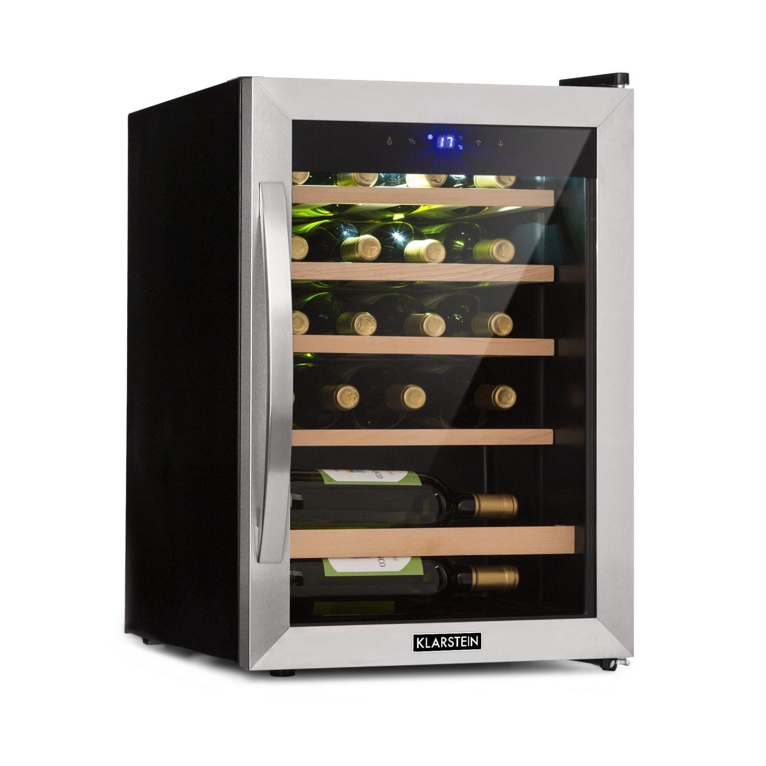 Klarstein Weinkühlschrank, Getränkekühlschrank Schmal, Kühlschrank mit Glastür, Getränkekühlschränke Freistehend, Weinkühlschrank Klein, Weinkühlschränke 1 Zone, UV-Schutz, 4-18 °C, 19 Flaschen