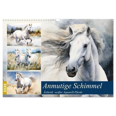Anmutige Schimmel. Ästhetik weißer Aquarell-Pferde (Wandkalender 2026 DIN A3 quer), CALVENDO Monatskalender