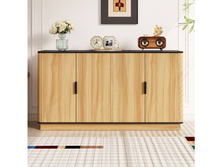 ELVORIN Buffet quatre portes naturel 139 x 40 x 75 cm aspect bois poignées aluminium