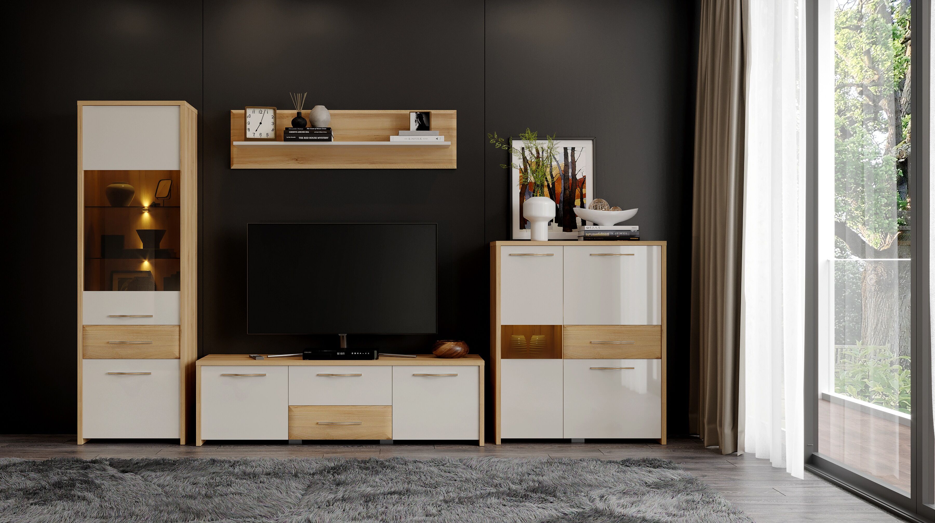 Wandregal GOODPRODUCT "Gala", beige (beige, pacific walnuss decor), B:135cm H:35cm T:21cm, Holzwerkstoff, MDF, Regale, Wandregal, Ablage in Beigeton UV-lackiert kratzfest, hochglänzend beige, pacific walnuss decor B/H/T: 135cm x 35cm x 21cm, Breite 135