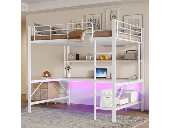 Lit mezzanine Logidon 140x200 blanc avec balustrade USB LED bureau