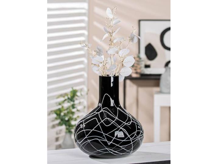 GILDE Vase déco Noir Blanc - Vase déco Moderne Objet en Verre Vase de Fleurs Fait Main en Verre coloré - Hauteur 28 cm
