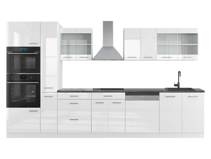 Küchenzeile Vicco R-Line Weiß Hochglanz/Weiß 350 cm mit Hochschrank, AP Anthrazit, Model 42276