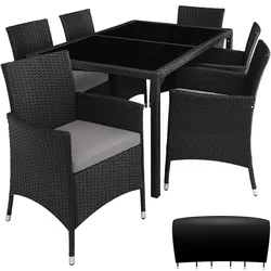 tectake Rattan Sitzgruppe Porto 6+1 mit Schutzhülle  Schwarz/Grau