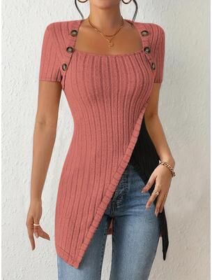 Universal Stock Color Block Button Women's Ribbed Top With Asymmetrical Hem For Casual Summer Style red xxl
