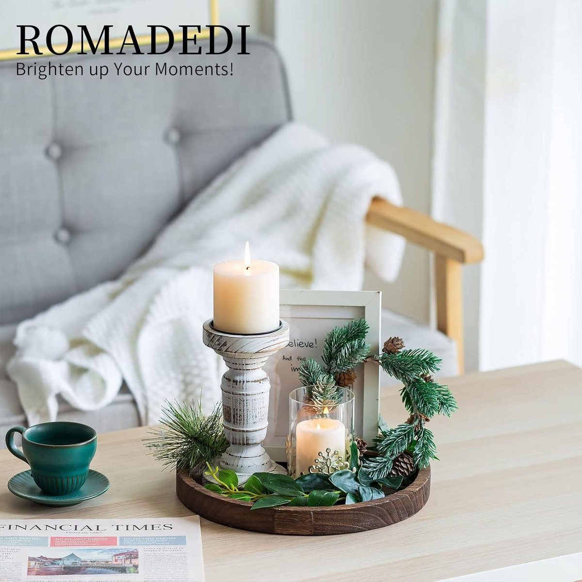 SnelShoppen Houten Decoratieve Dienblad Kandelaarhouder - Rond Rustiek Houten Dienblad voor Salontafel of Eetkamer