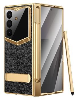 LightInthebox Luxury Case for Samsung Galaxy Z Fold 8 Ultra 7 6 with Stylus Pen, Built-in Screen Protector Hinge Protection, Gold Plated Leather Kickstand Cover, Full Body Shockproof Protective Case