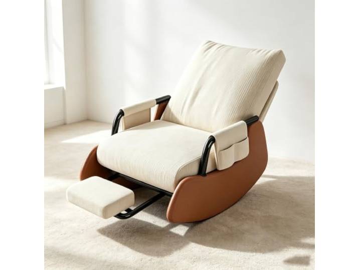 Relaxsessel mit Hocker für Lesen und Entspannung Moderner Ruhesessel mit solider Schaukelbasis und praktischem Seitenfach für Zeitschriften.