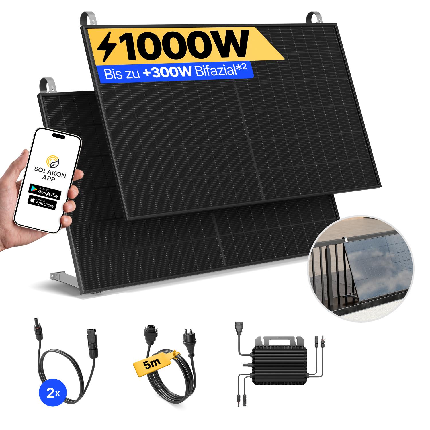 Balkonkraftwerk 1000W Solaranlage mit Balkon Halterung Steckerfertig Komplettset Photovoltaik Anlage 800W - onBasic, Kabellänge:5 m