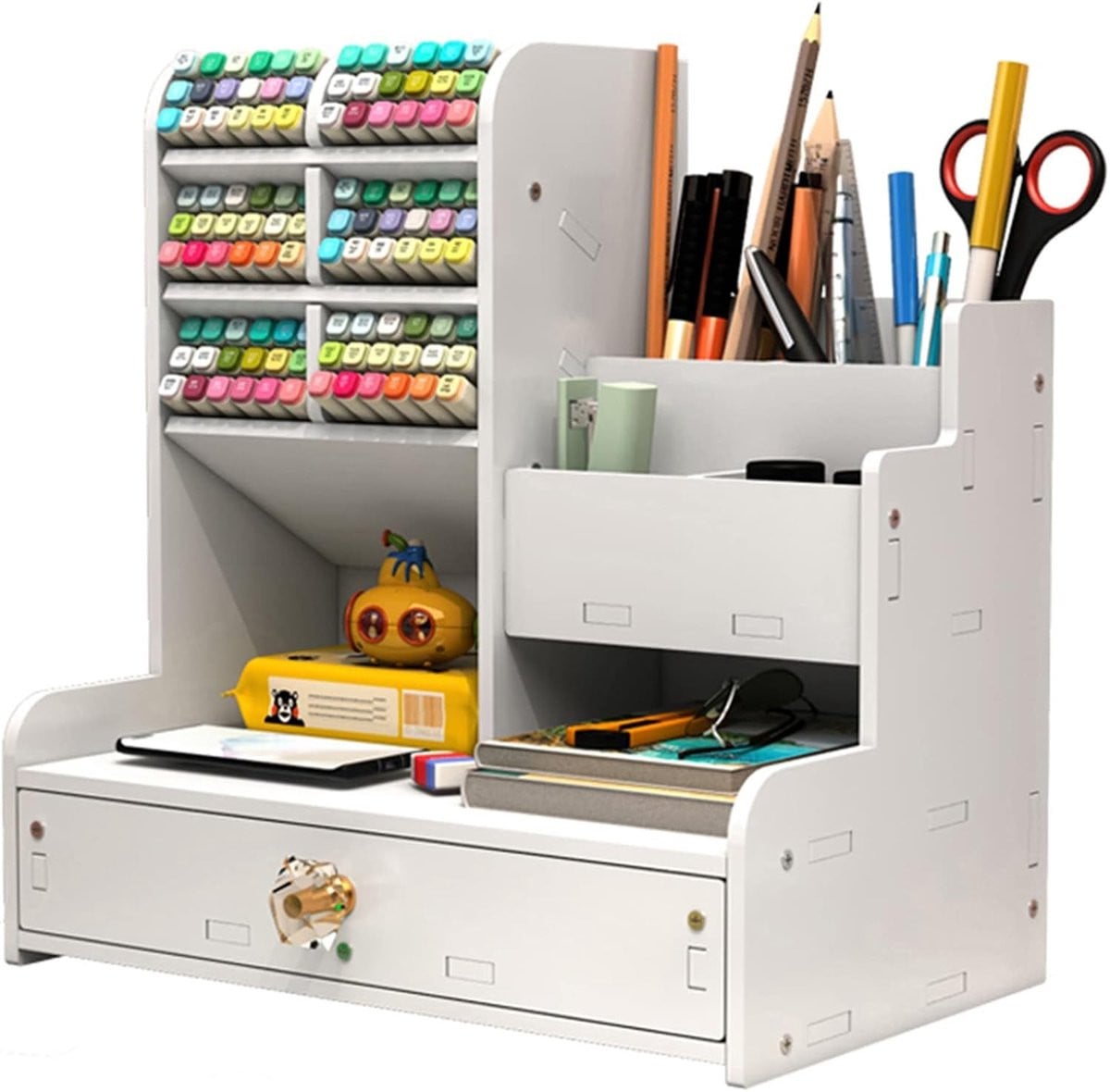 Multifunctionele Houten Pennenhouder en Bureau Organizer met Lade voor Thuis, Kantoor en School