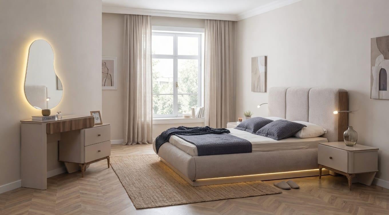 JVmoebel Luxe slaapkamer set met bed en accessoires, beige