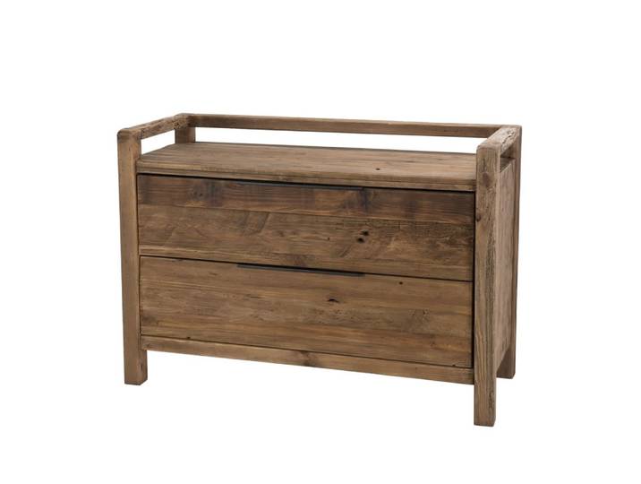 Commode 2 tiroirs en pin recyclé et poignées en métal noir