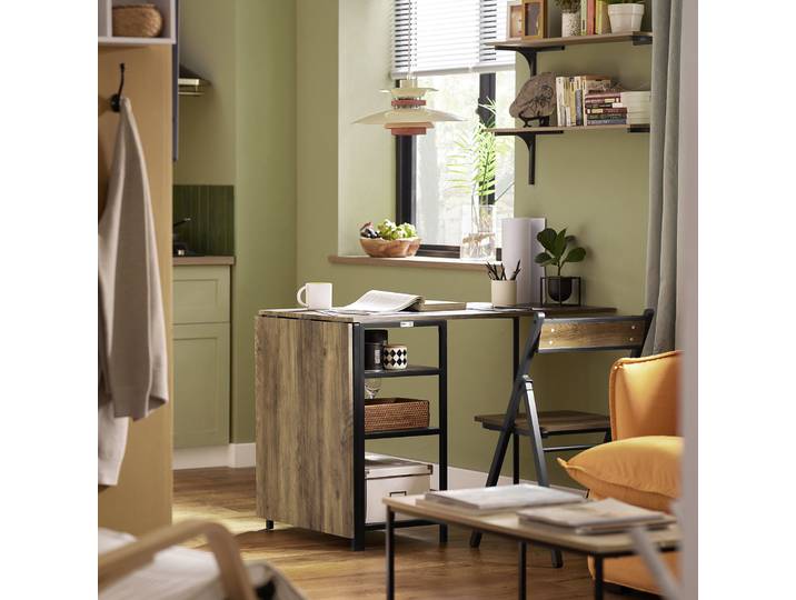 SoBuy FWT62-N table à manger pliante avec 3 étagères, table pliante, table de cuisine, table en bois, design industriel