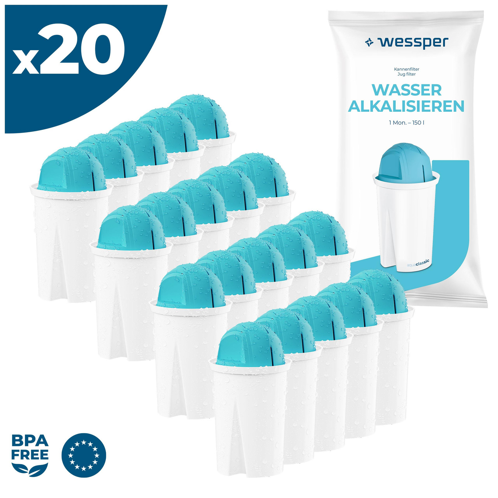 Wessper Classic alkalische waterfilterpatronen, verpakking van 20 stuks