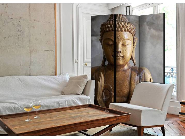 Paravent Buddha 1-seitig Vlies auf Kiefer Massiv Grau 135 x 172cm