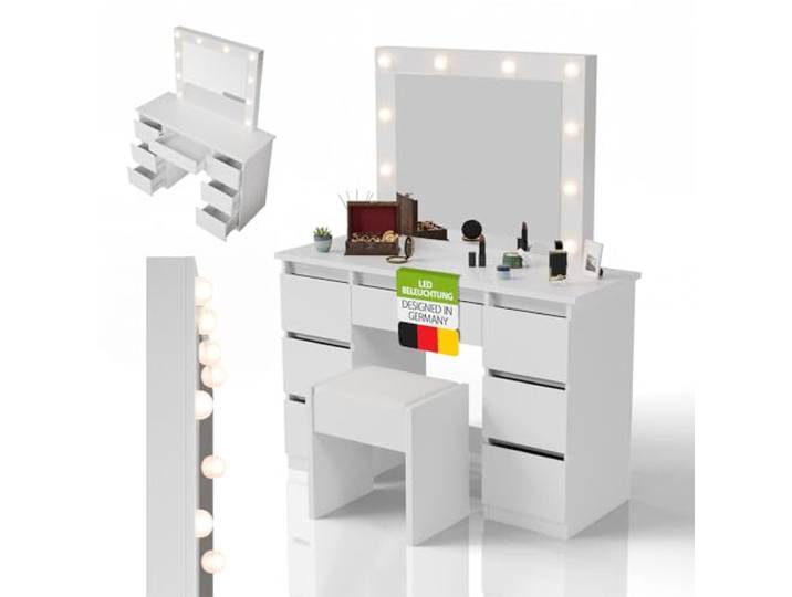 Juskys Schminktisch Talea mit LED-Spiegel und Hocker Melly, 7 Schubladen, individuelle Lichteinstellung, viel Stauraum, modernes Design, kompakt & pflegeleicht — Weiß