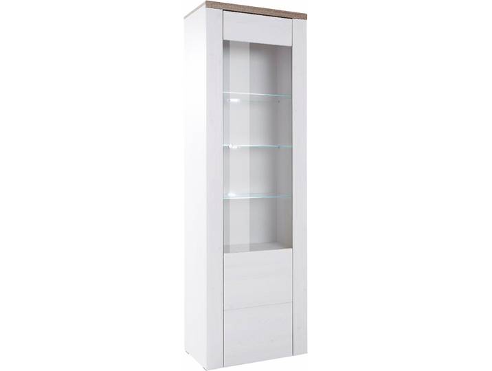 Vitrine GOODPRODUCT Larona, zeitlose Glasvitirne, Hochschrank Höhe 205,6 cm , weiss (sibiu weiß, eichefarben sägerau dunkel), B:65cm H:205,6cm T:37cm, Schränke, Vitrine, Stauraumvitrine mit dekorativer Rahmenoptik