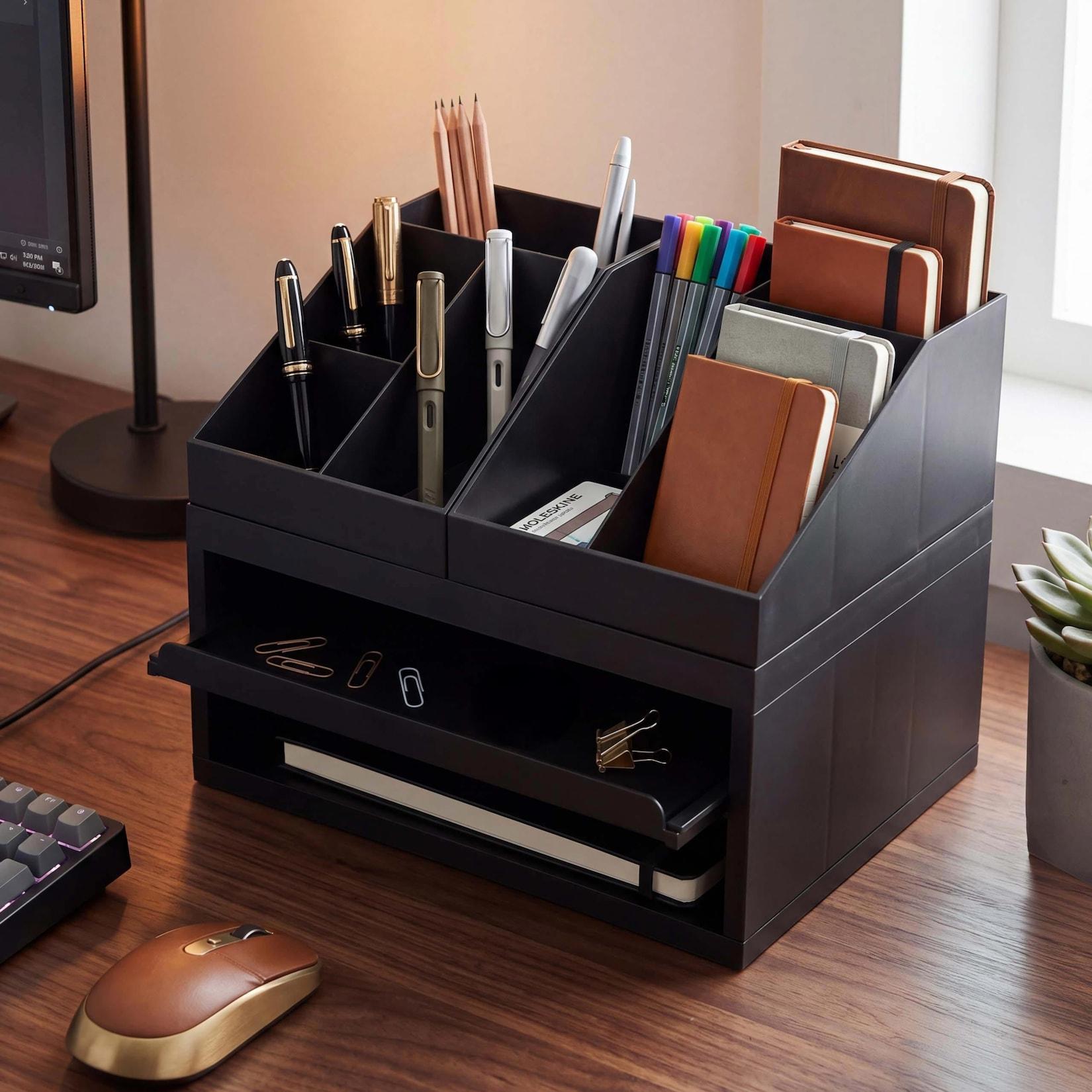 Schreibtisch Organizer MCW-Q74, Ordnungssystem 3-teilig Schubfach Tischablage Stifthalter Ablage, 29x35x26cm ~ schwarz