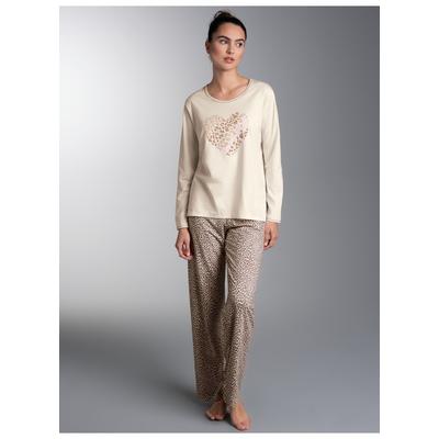 Schlafanzug TRIGEMA "TRIGEMA Pyjama im Leo-Stil", Damen, Gr. L, beige (natur), Single Jersey, 48% Baumwolle, 48% Micromodal, 4% Elasthan, Homewear-Sets Schlafanzug