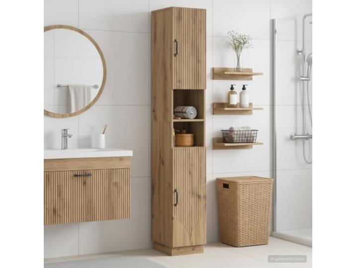 Badezimmerschrank mit offenem Regal HOORN Artisan-Eiche Holzwerkstoff Feuchtigkeitsbeständig, umkehrbare Tür, platzsparend, offene Ablage, schlankes Design