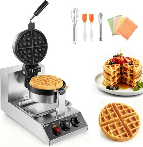 VEVOR Rond Wafelijzer 1300W, Belgische Wafelmachine van RVS in Zilver, 4-delig met accessoires