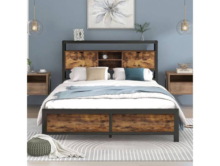 Lit Double 140 X 200 cm avec Tête de Lit de Rangement et Sommier MéTallique Lit Enfant Cadre de Lit MéTallique pour Adultes