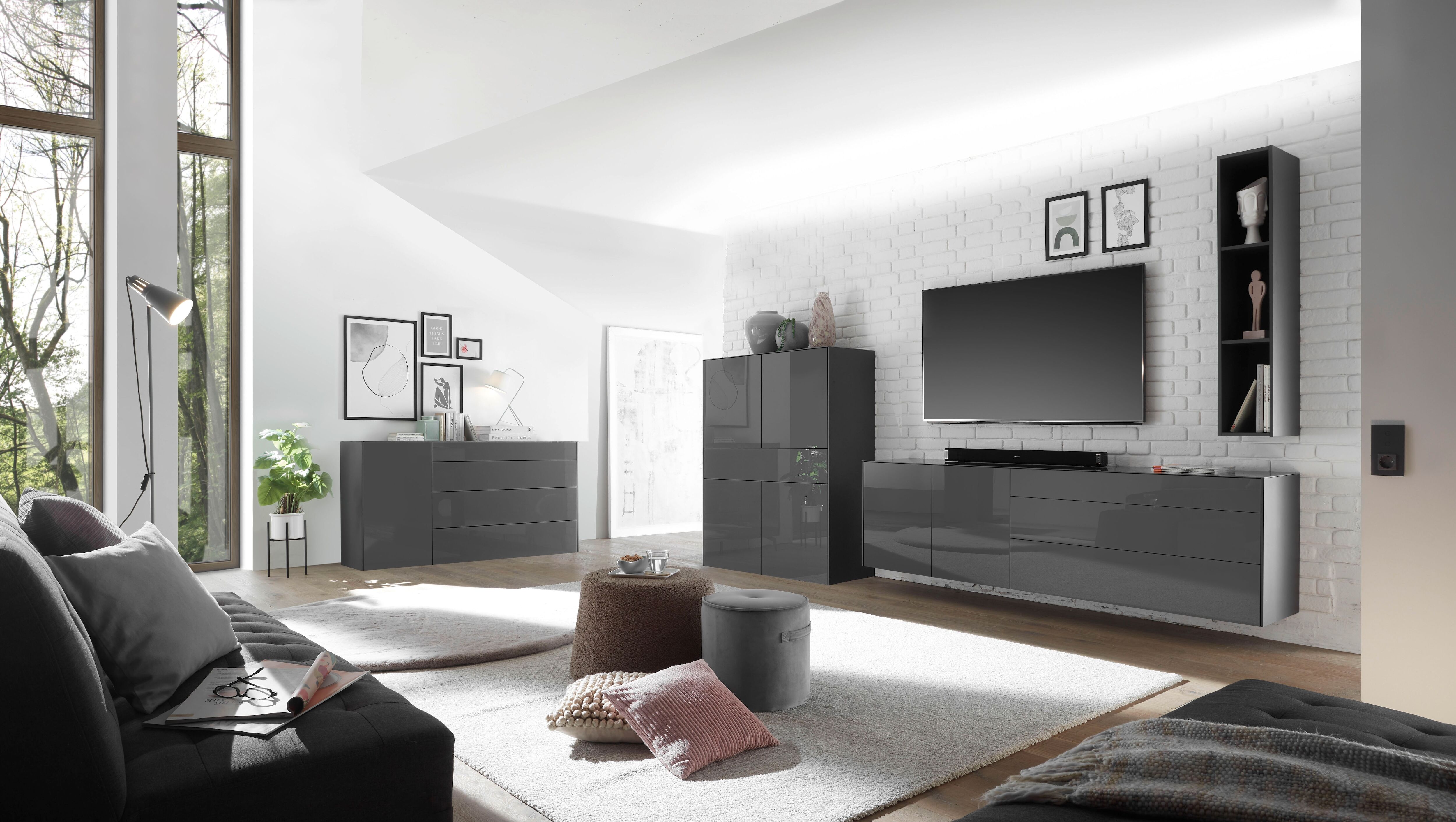 Lowboard MÄUSBACHER "Imola", schwarz (anthrazit matt lack, glas anthrazit glanz), Füsse aus Metall,4 Packstücke, 1 Stk., 1 Stk., Sideboards, Lowboard, Mäusbacher Lowboard mit Glasfront und Glasoberplatte anthrazit matt lack, glas anthrazit glanz Füsse aus