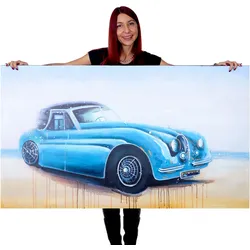 Wandbild Oldtimer, 100% handgemaltes Ölgemälde Gemälde XL, 140x80cm