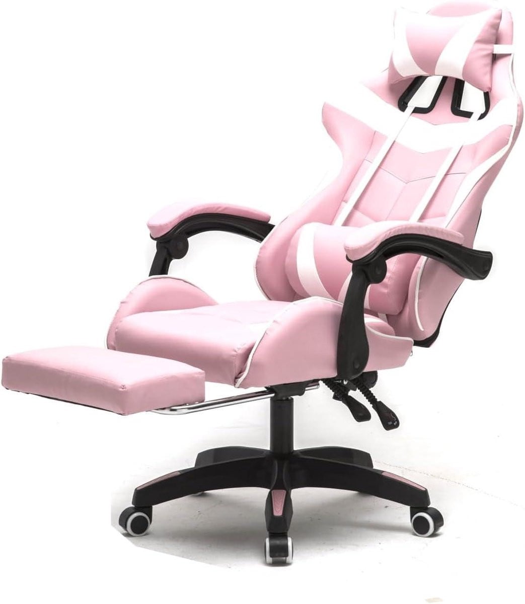 Ergonomische Gamestoel met Voetsteun en Armleuningen - Racing Bureaustoel - Roze Wit - Hoogte: 118-128 cm