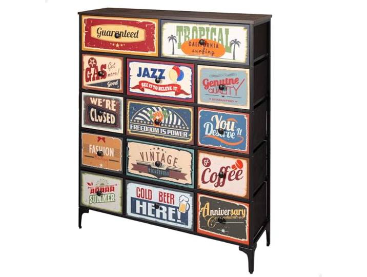 AKTIVE Max Home Mehrzweck-Schlafzimmerkommode, Retro- und Vintage-Grafiken, 14 leichte Stoffschubladen, 103 x 30 x 119 cm, Stahlrahmen, Holzplatte, Nachttische, Wohnzimmermöbel (18405)